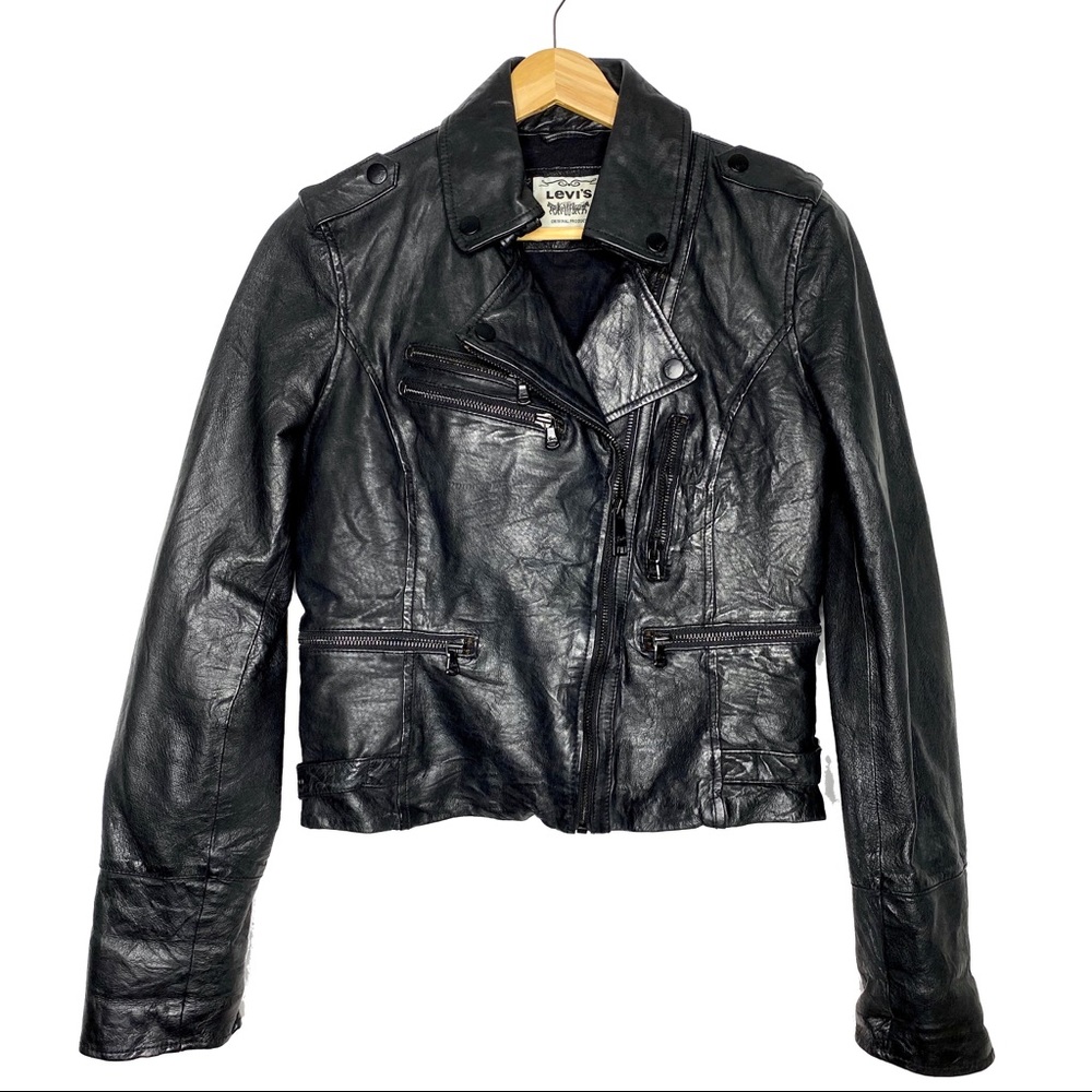 Levi's Black Women's Leather Moto Jacket with Asymmetrical Zips